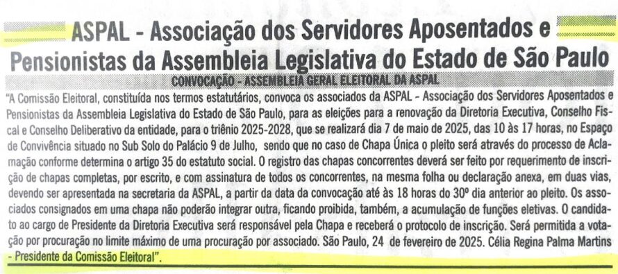 CONVOCAÇÃO – ASSEMBLEIA GERAL ELEITORAL DA ASPAL